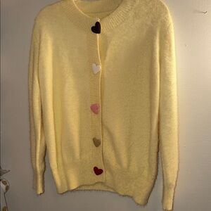 Yellow Heart-Button Eyelash Fuzzy Cardigan Sweater